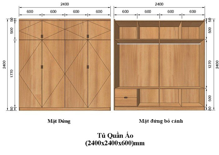 Tiêu chuẩn kích thước tủ đựng quần áo loại 2 cánh, 3 cánh, 4 cánh…